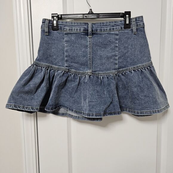 Indigo Ruffle Denim Mini Skirt Women’s L (30x15) Blue Bohemian Y2K Indie EUC - Picture 5 of 5